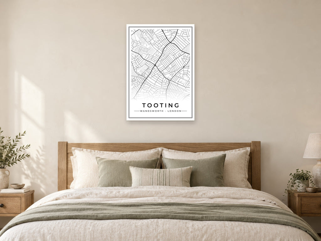 Tooting Street Map Poster at A1, as a poster, above a bed