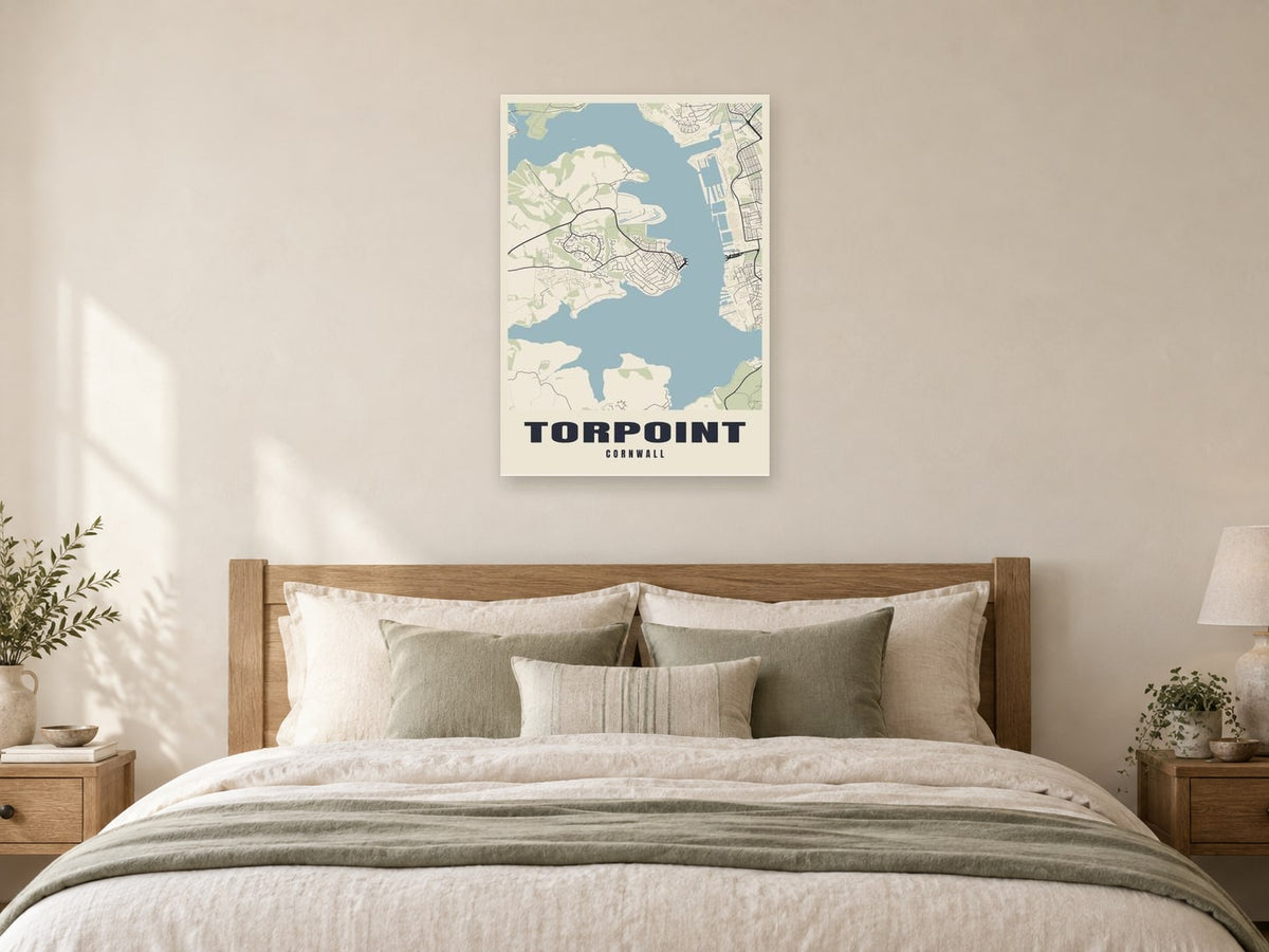 Torpoint Street Map Poster at A1, as a poster, above a bed