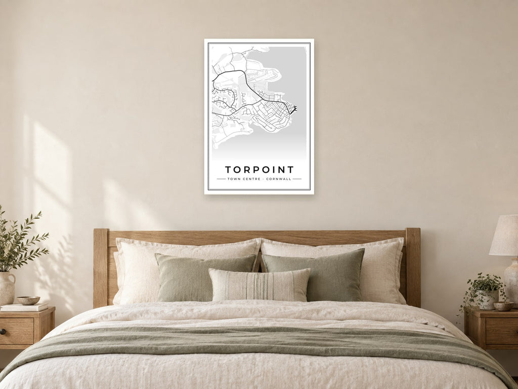 Torpoint Town Centre Street Map Poster at A1, as a poster, above a bed