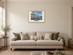Torquay named Gouache print at A2, in a natural wood frame, in a sitting room