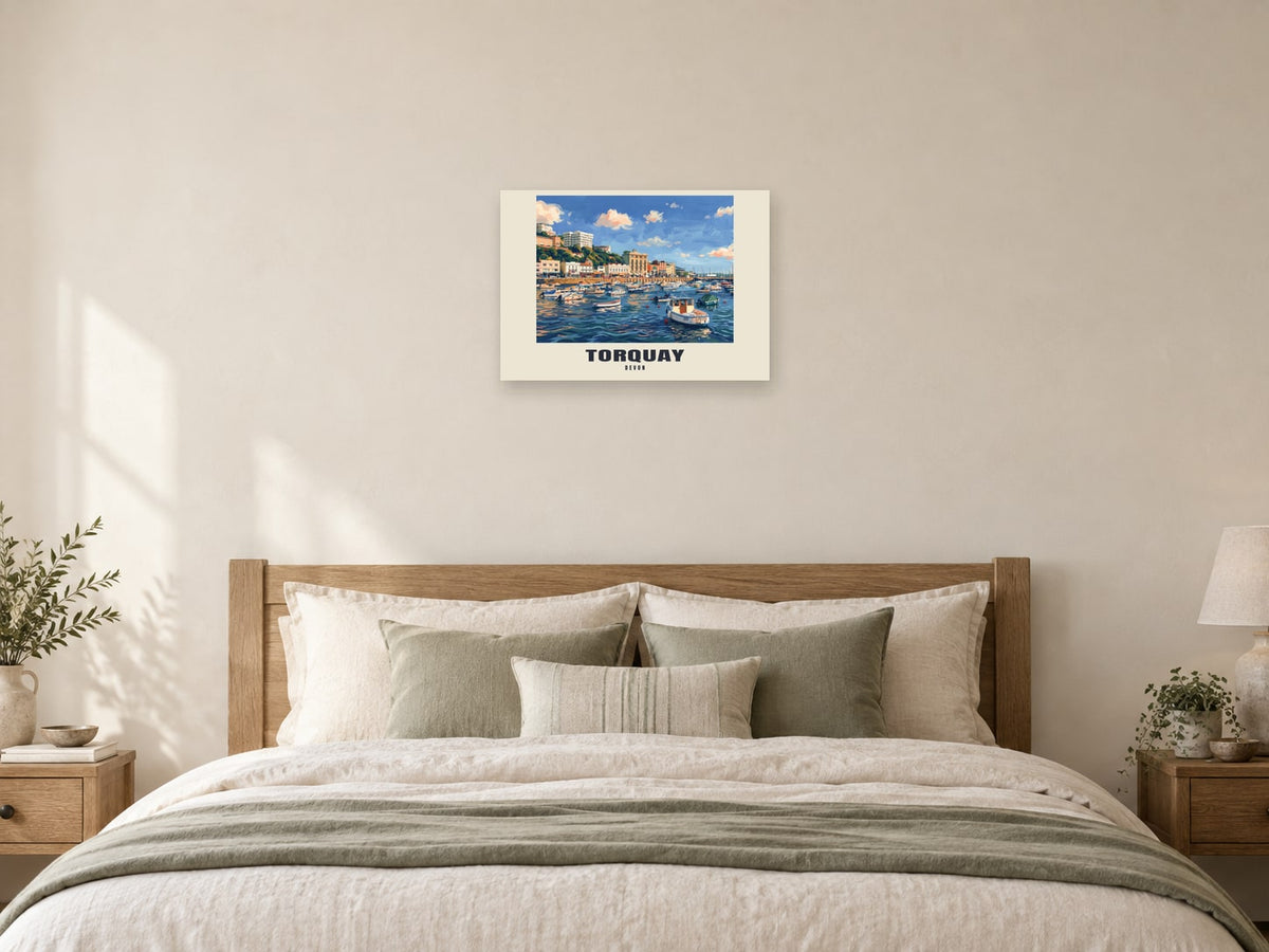 Torquay named Gouache print at A2, as a poster, above a bed