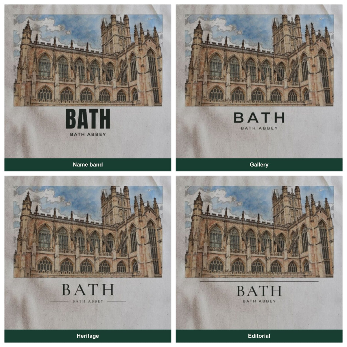 The four letterings for a personalised tote: name band, gallery, heritage and editorial, each with the place name under the drawing