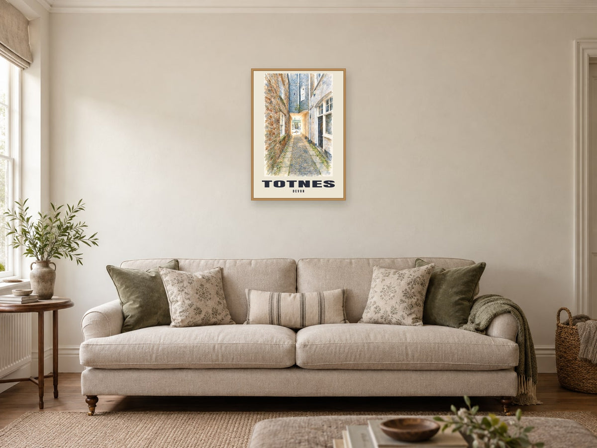 Totnes named English Watercolour print at A2, in a natural wood frame, in a sitting room