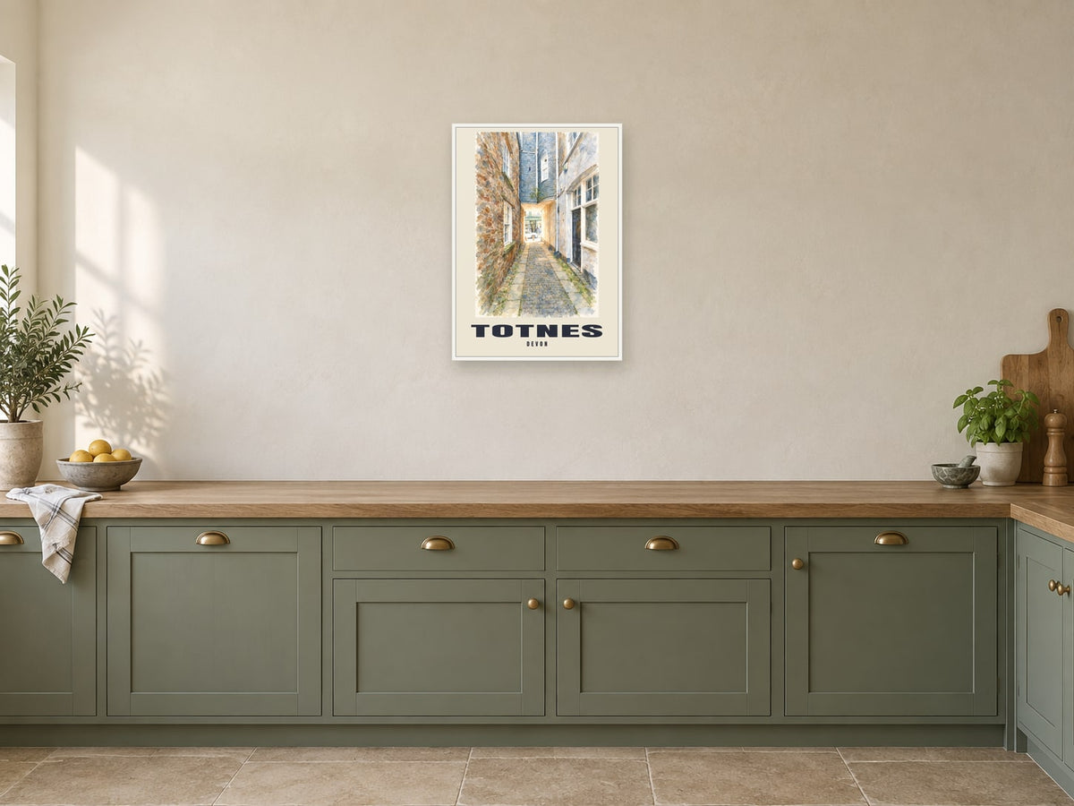Totnes named English Watercolour print at A2, in a white frame, in a kitchen