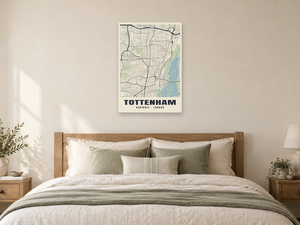 Tottenham Heritage Street Map Poster at A1, as a poster, above a bed