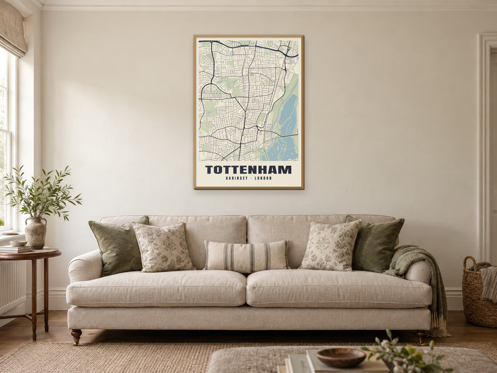 Tottenham Heritage Street Map Poster at A1, in a natural wood frame, in a sitting room