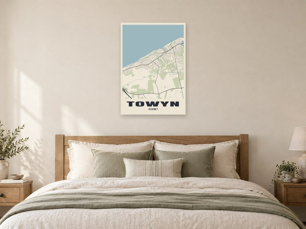 Towyn Street Map Poster at A1, as a poster, above a bed