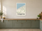 Towyn Street Map Poster at A1, in a white frame, in a kitchen