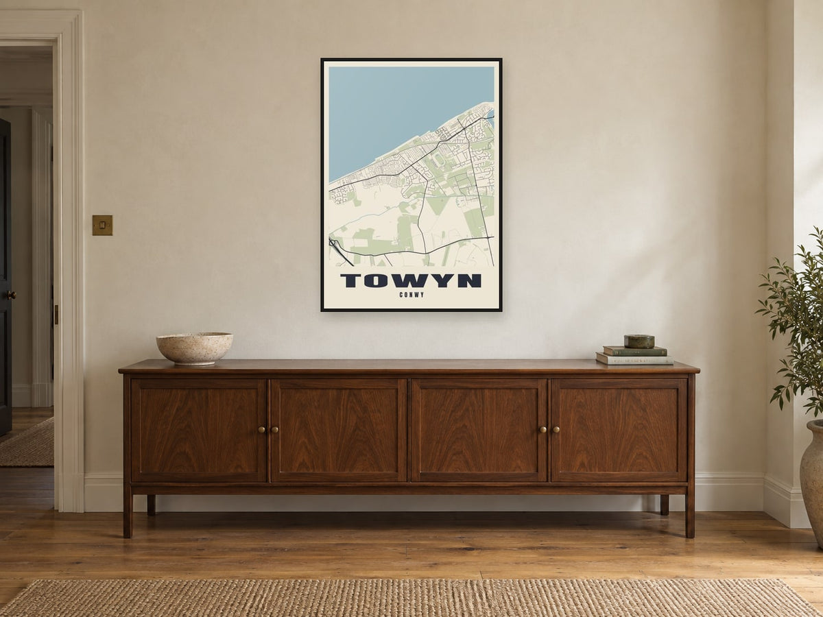 Towyn Street Map Poster at A1, in a black frame, above a sideboard