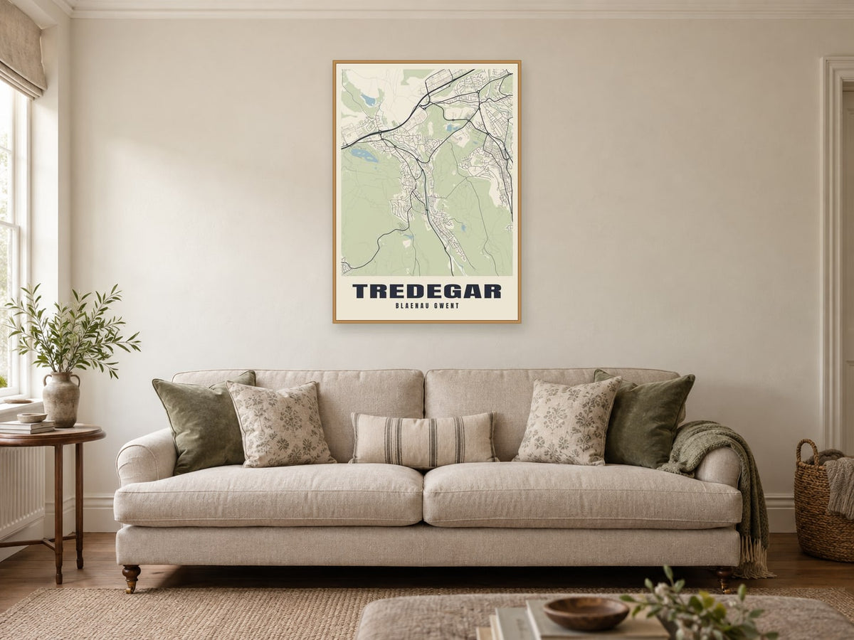 Tredegar Street Map Poster at A1, in a natural wood frame, in a sitting room