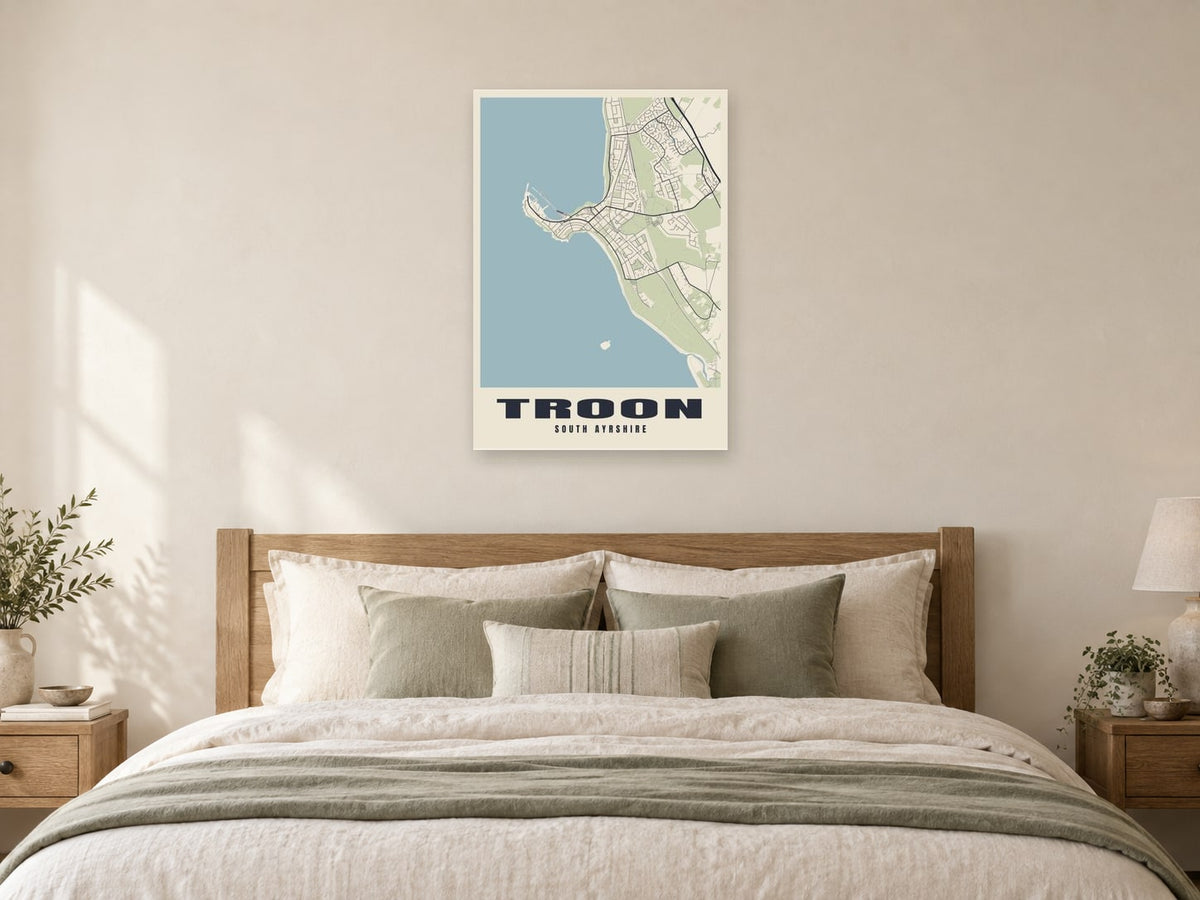 Troon Street Map Poster at A1, as a poster, above a bed