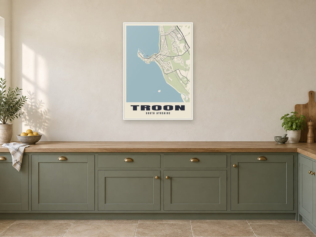Troon Street Map Poster at A1, in a white frame, in a kitchen