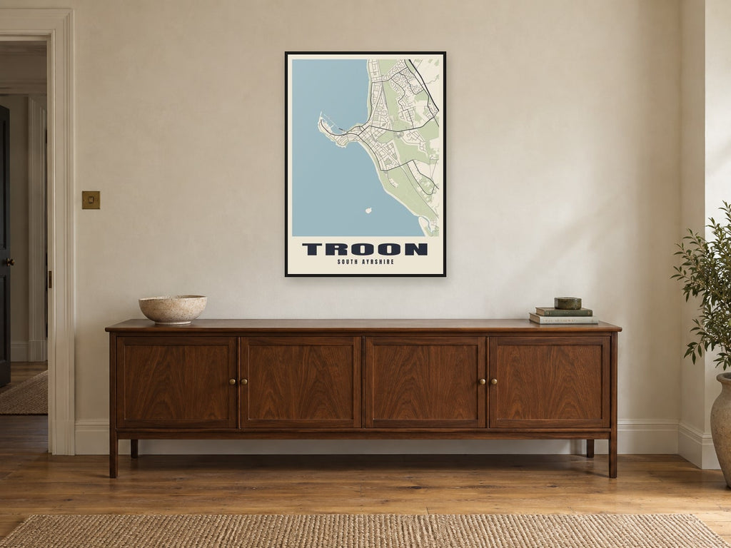 Troon Street Map Poster at A1, in a black frame, above a sideboard