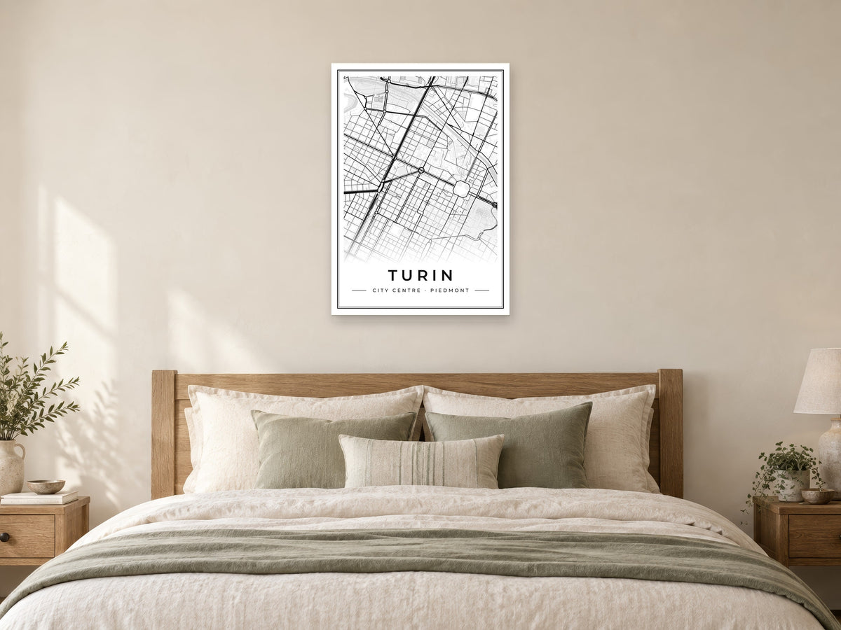 Turin City Centre Street Map Poster at A1, as a poster, above a bed