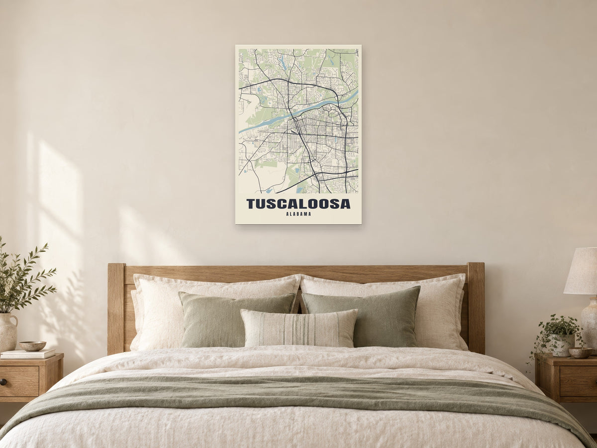 Tuscaloosa Street Map Poster at A1, as a poster, above a bed