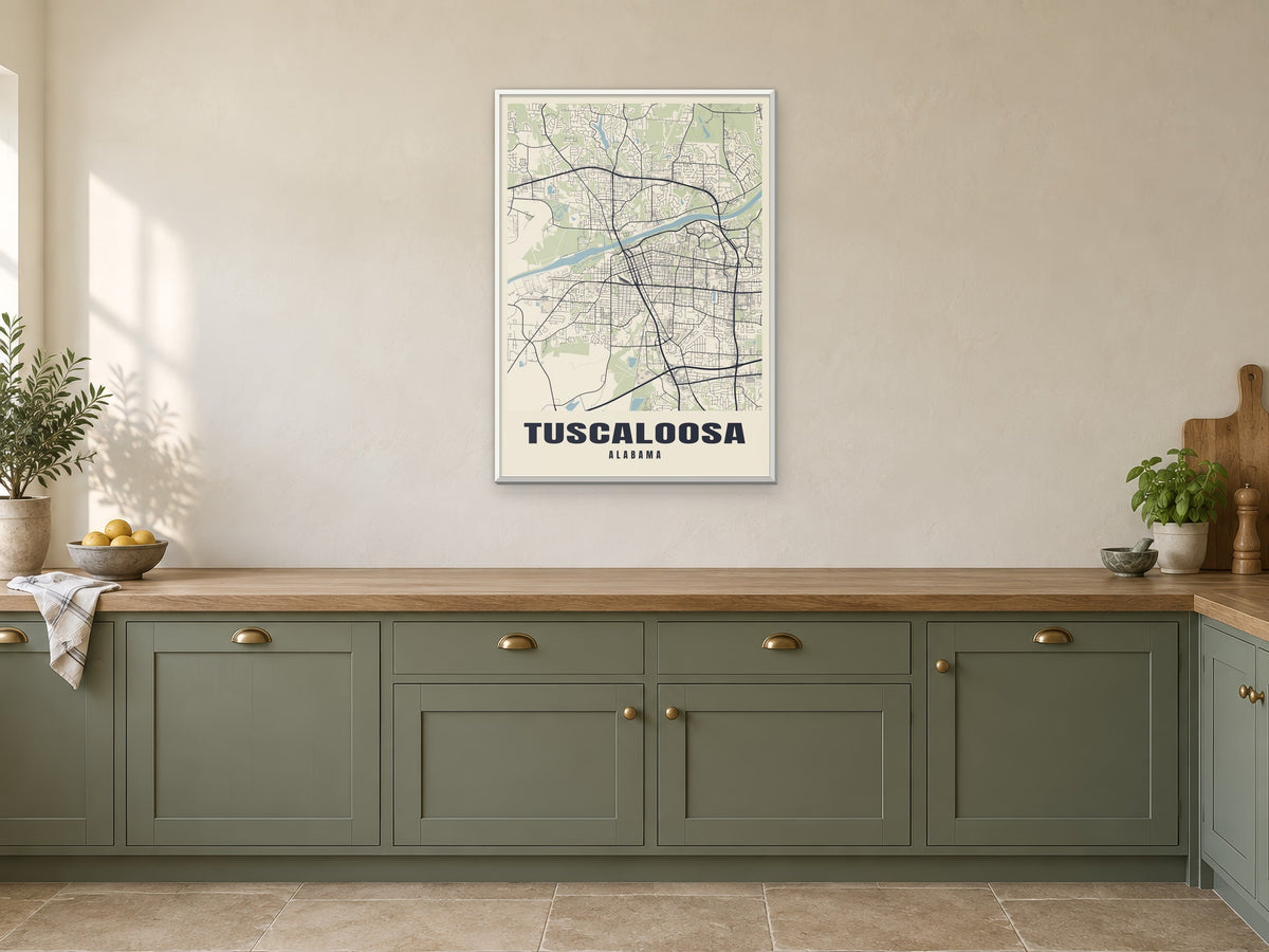 Tuscaloosa Street Map Poster at A1, in a white frame, in a kitchen