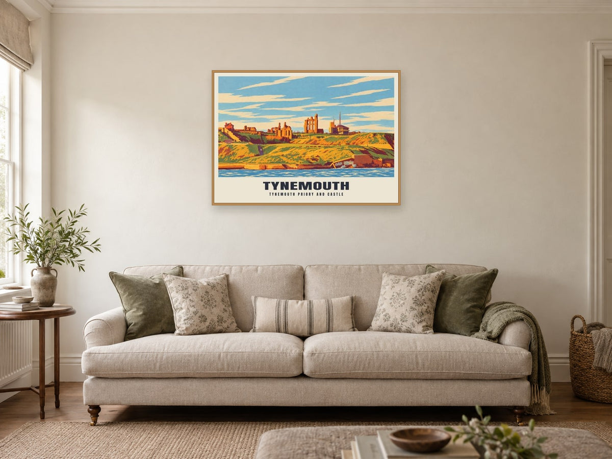 Tynemouth Priory and Castle Poster at A1, in a natural wood frame, in a sitting room