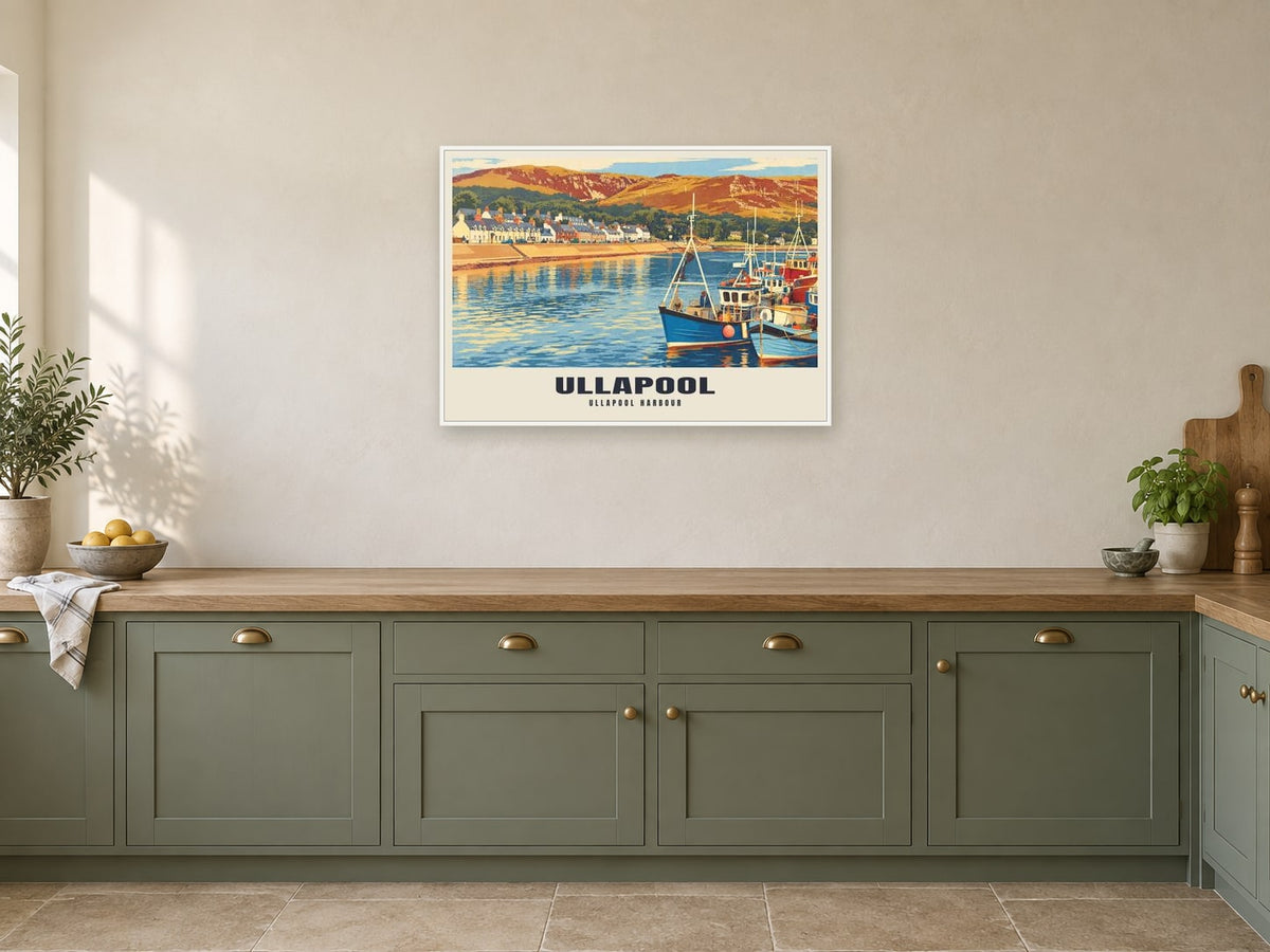 Ullapool harbour Poster at A1, in a white frame, in a kitchen