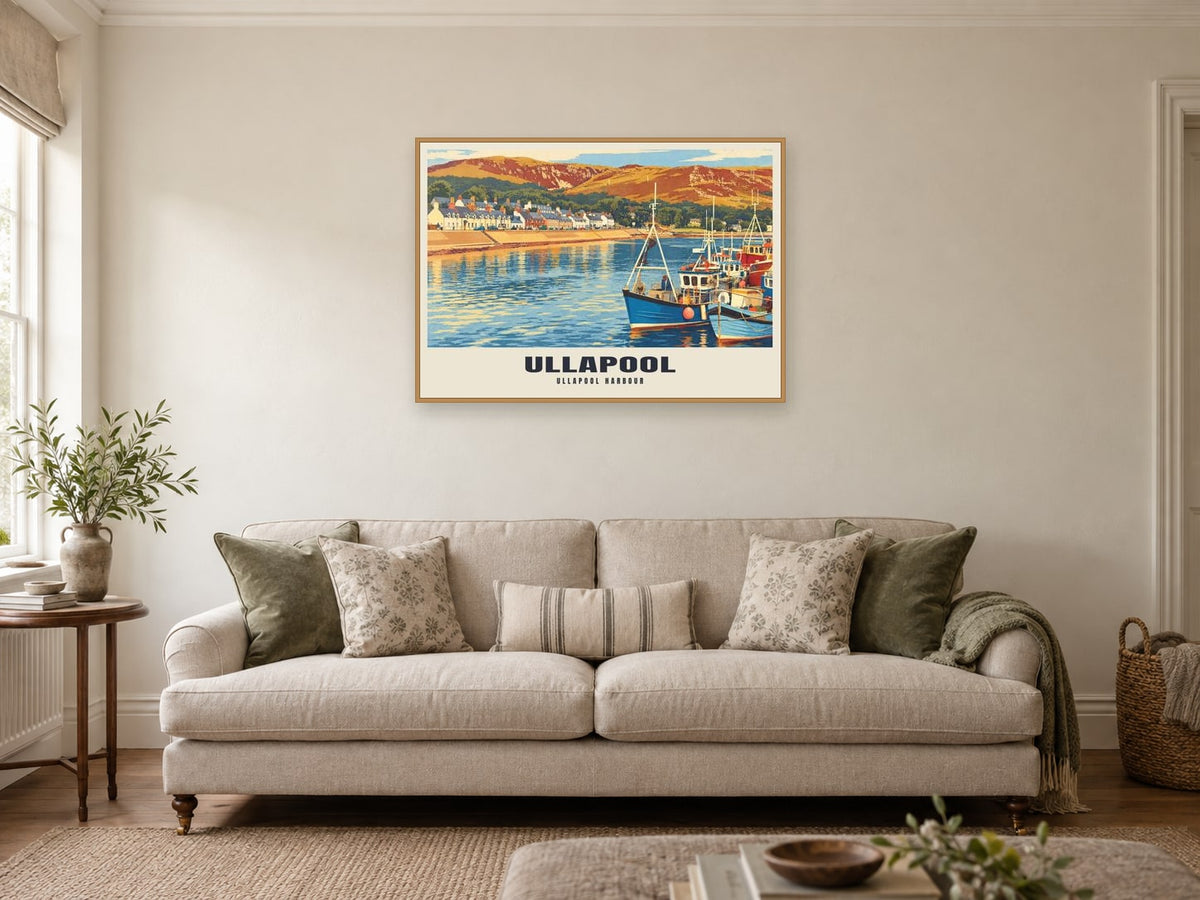 Ullapool harbour Poster at A1, in a natural wood frame, in a sitting room