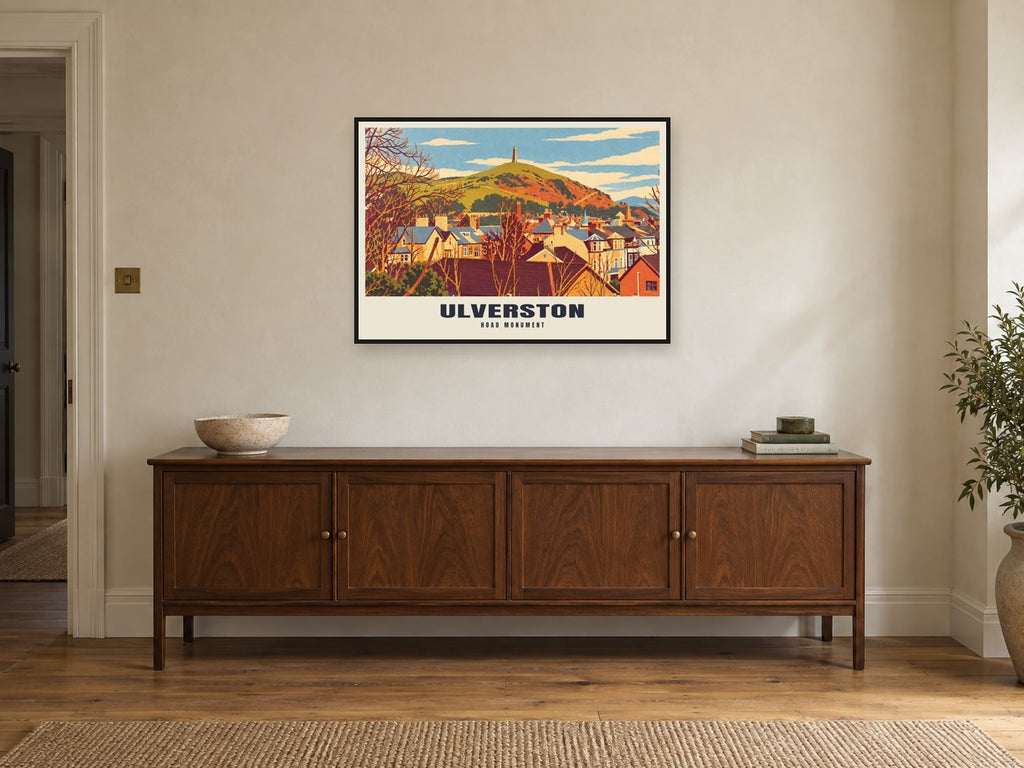 Hoad Monument, Ulverston Poster at A1, in a black frame, above a sideboard