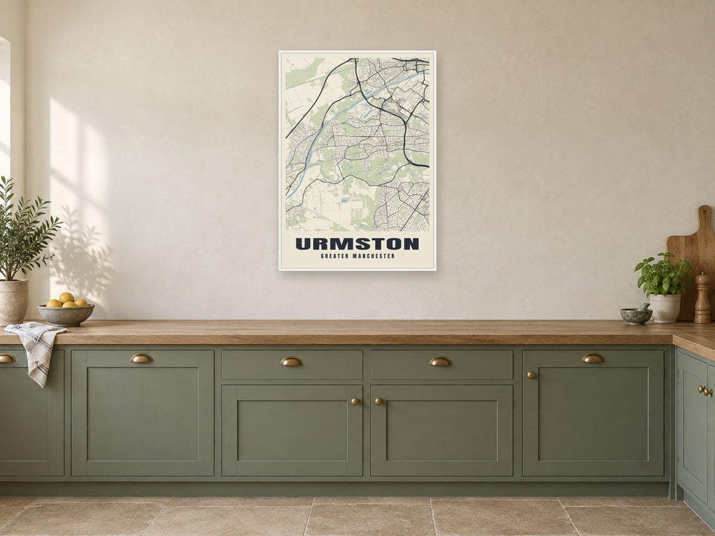 Urmston Street Map Poster at A1, in a white frame, in a kitchen