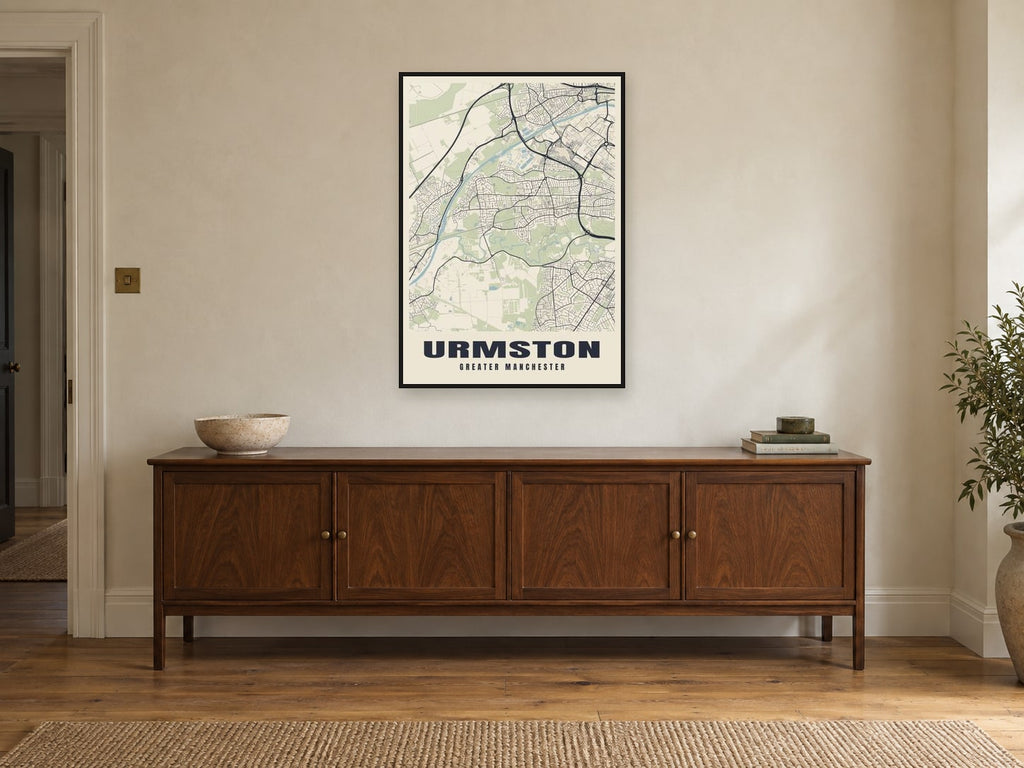 Urmston Street Map Poster at A1, in a black frame, above a sideboard
