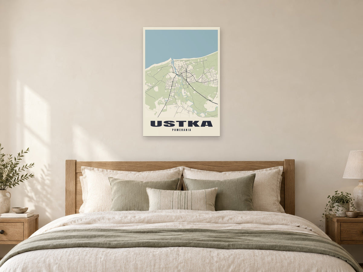 Ustka Street Map Poster at A1, as a poster, above a bed