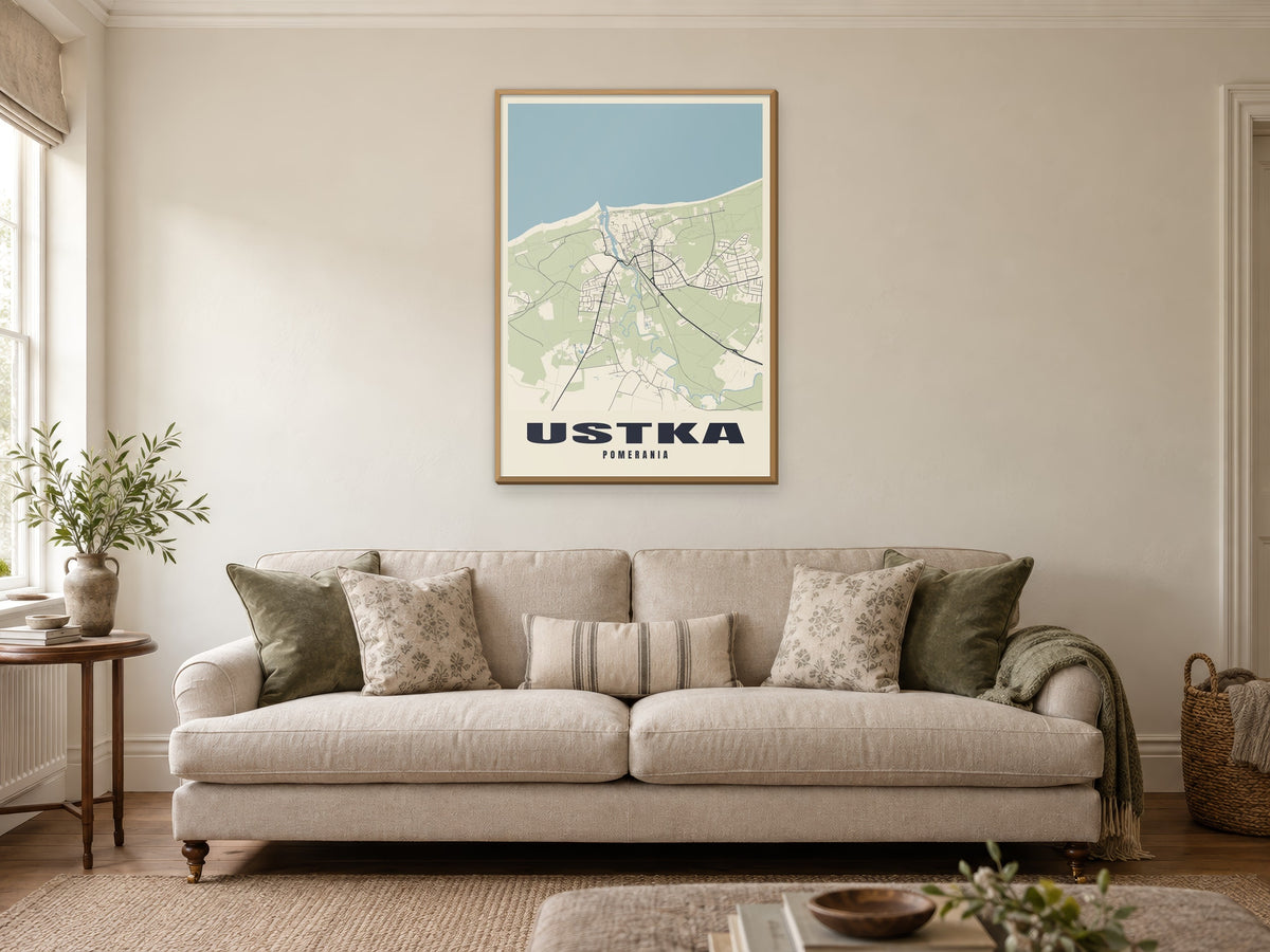 Ustka Street Map Poster at A1, in a natural wood frame, in a sitting room