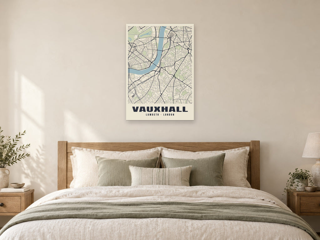 Vauxhall Heritage Street Map Poster at A1, as a poster, above a bed