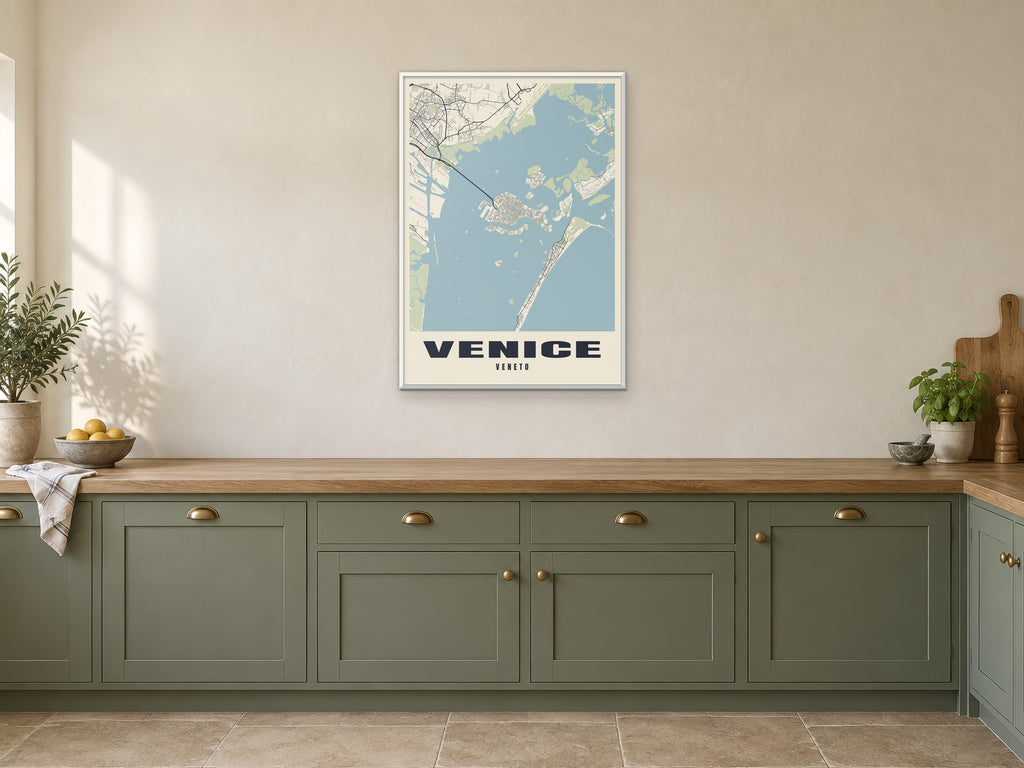Venice Street Map Poster at A1, in a white frame, in a kitchen