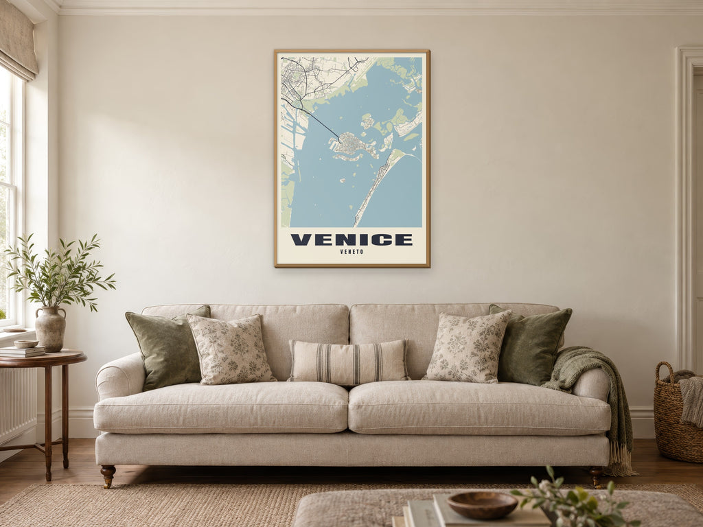 Venice Street Map Poster at A1, in a natural wood frame, in a sitting room