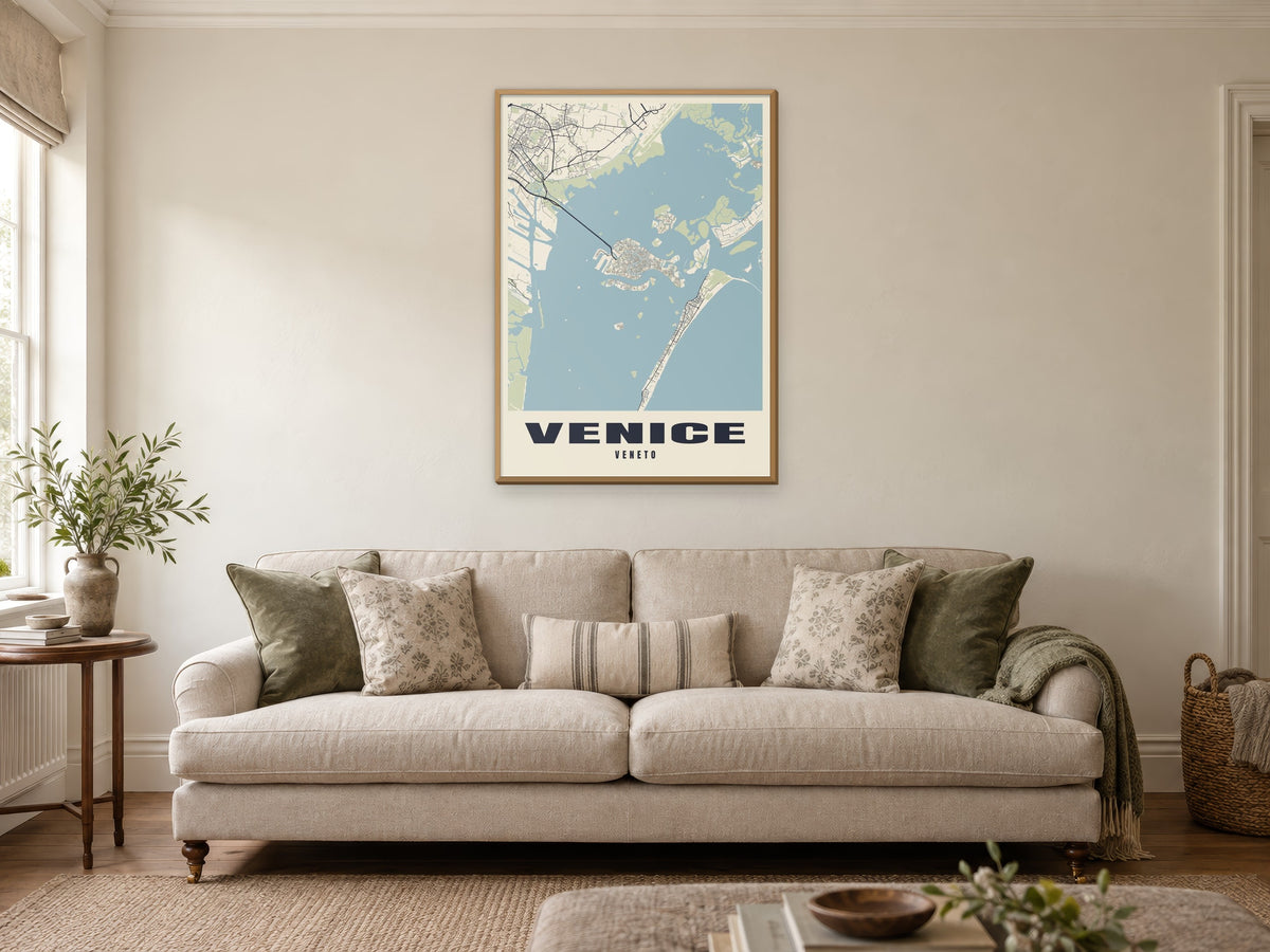 Venice Street Map Poster at A1, in a natural wood frame, in a sitting room
