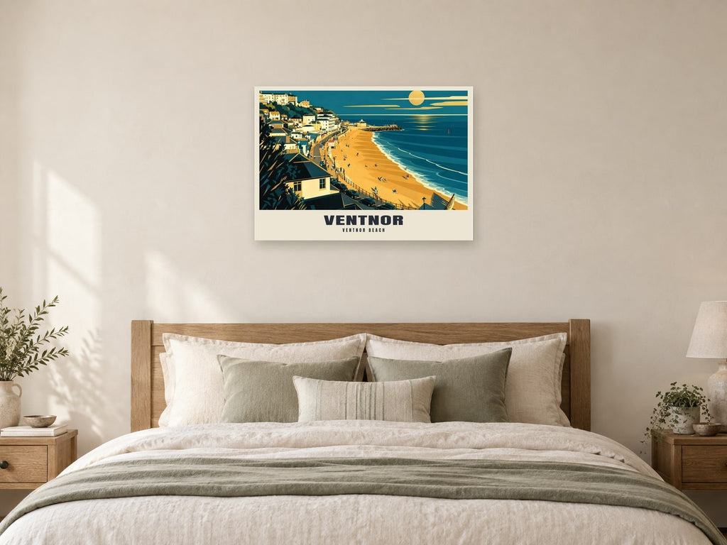 Ventnor Beach Poster at A1, as a poster, above a bed