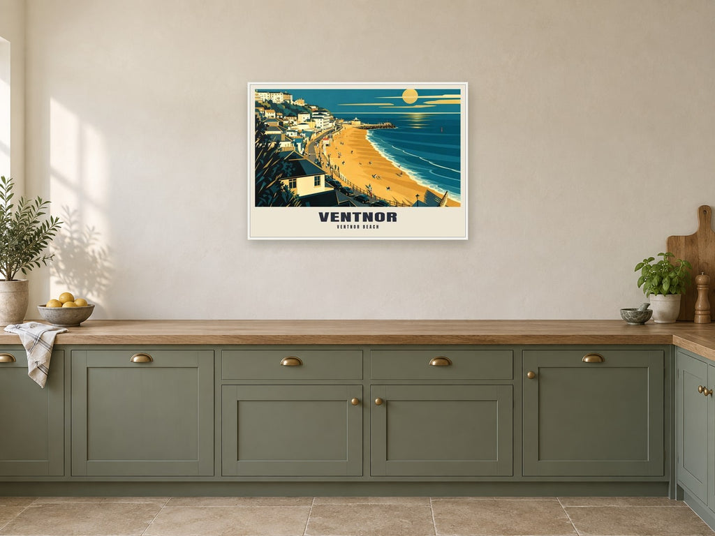 Ventnor Beach Poster at A1, in a white frame, in a kitchen
