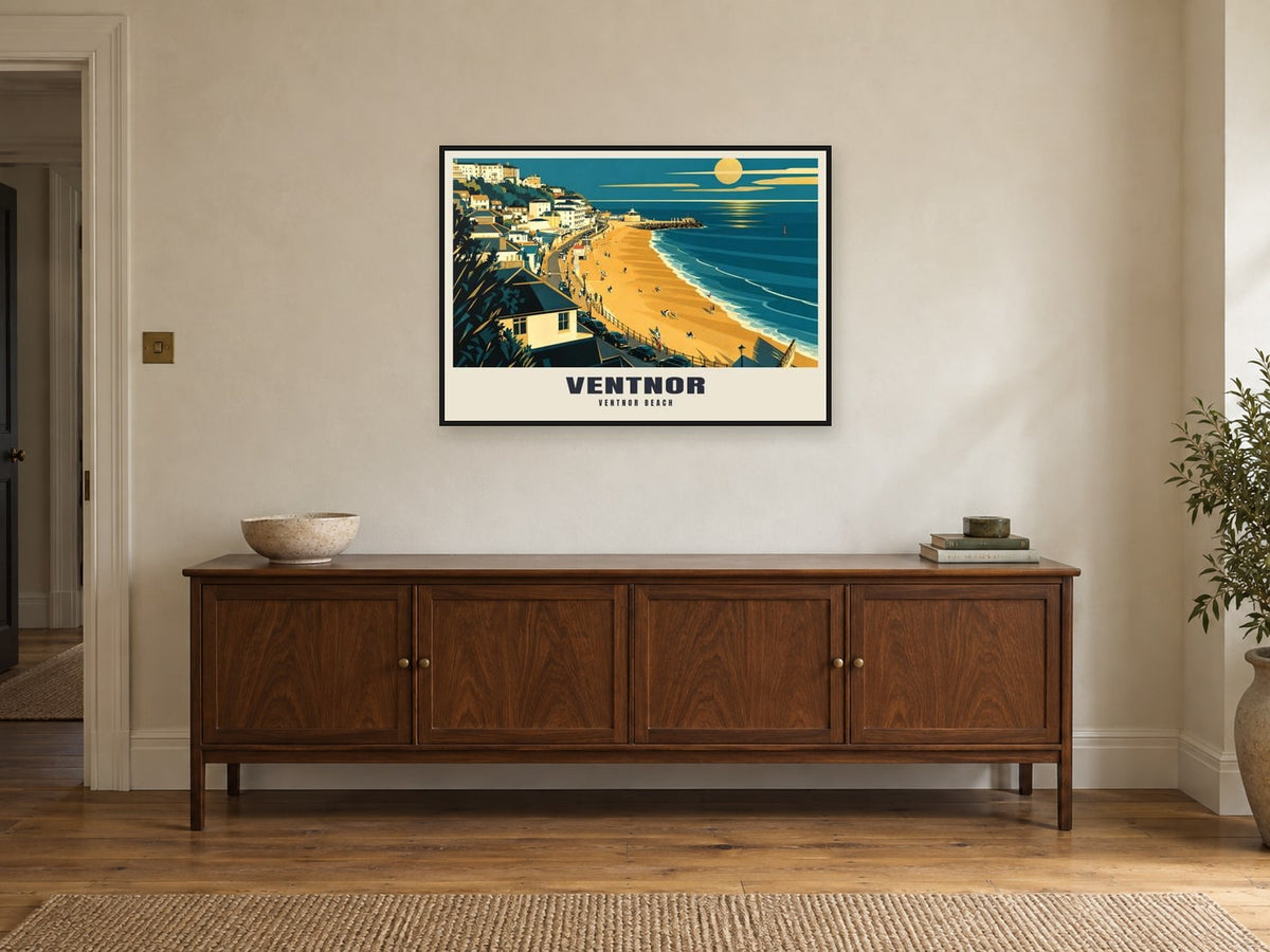 Ventnor Beach Poster at A1, in a black frame, above a sideboard