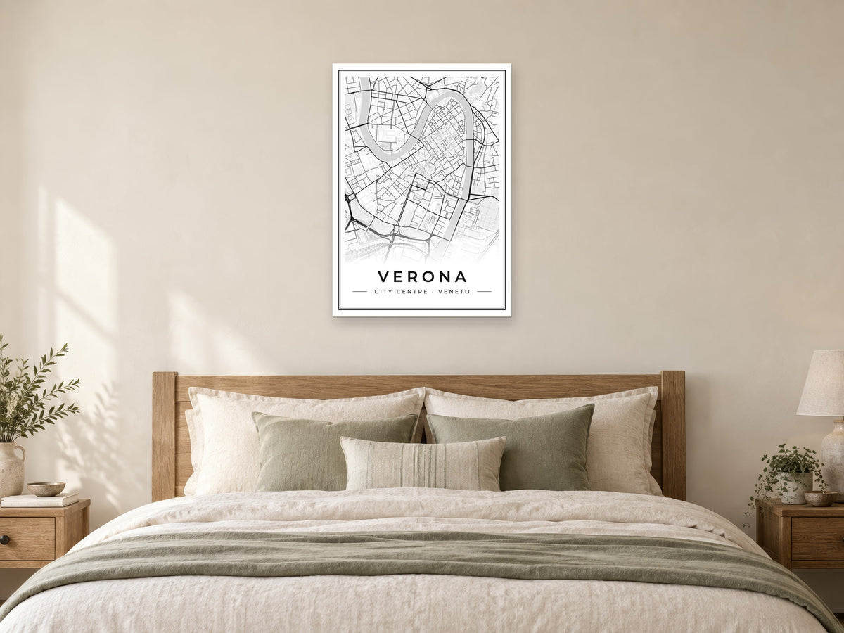 Verona City Centre Street Map Poster at A1, as a poster, above a bed