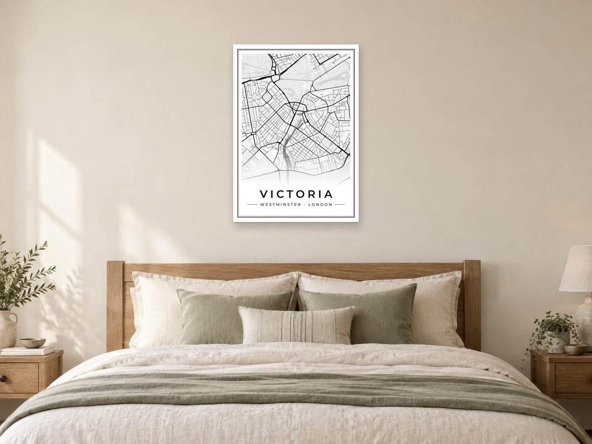 Victoria Street Map Poster at A1, as a poster, above a bed