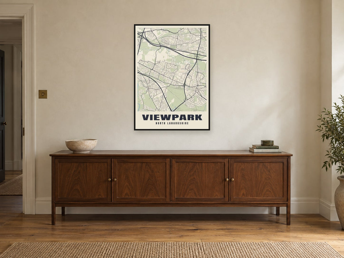 Viewpark Street Map Poster at A1, in a black frame, above a sideboard