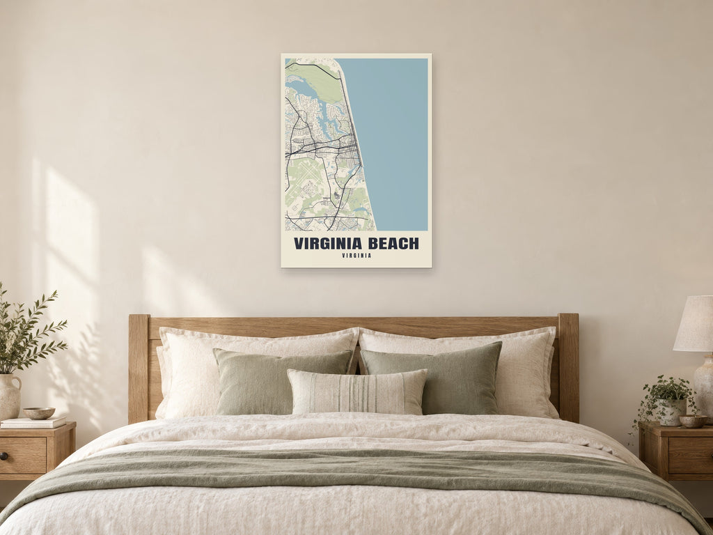 Virginia Beach Street Map Poster at A1, as a poster, above a bed