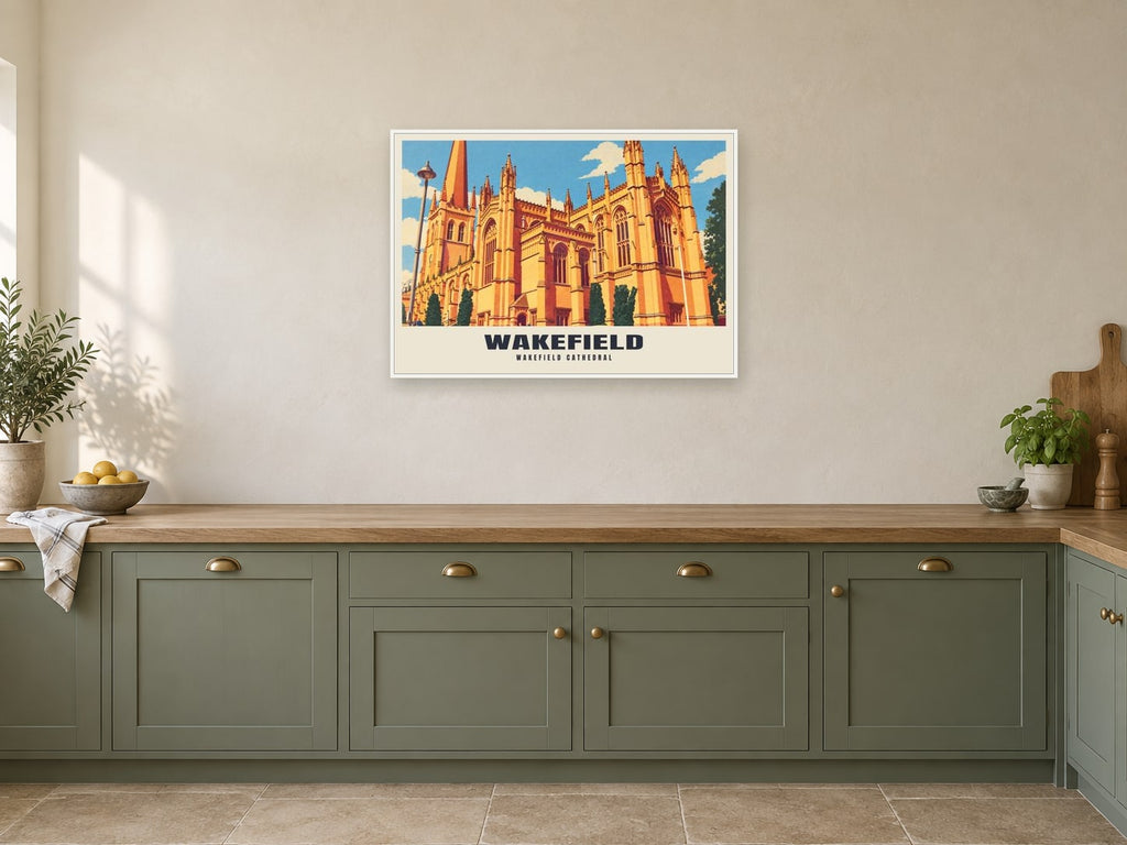 Wakefield Cathedral Poster at A1, in a white frame, in a kitchen