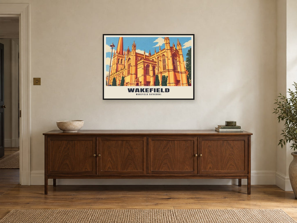 Wakefield Cathedral Poster at A1, in a black frame, above a sideboard