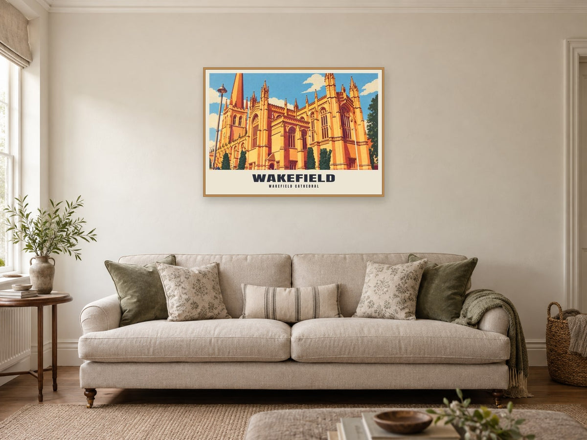 Wakefield Cathedral Poster at A1, in a natural wood frame, in a sitting room