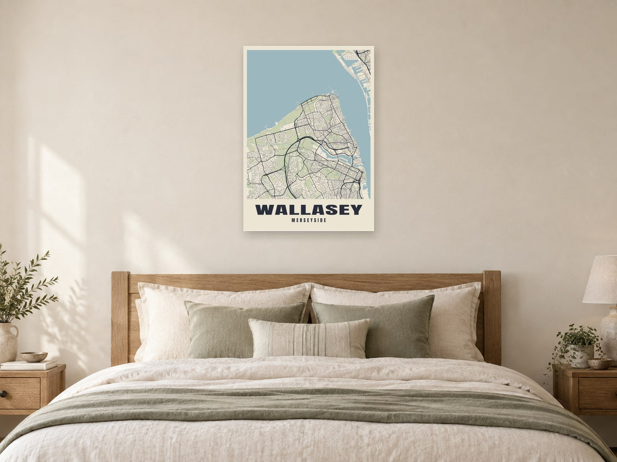 Wallasey Street Map Poster at A1, as a poster, above a bed