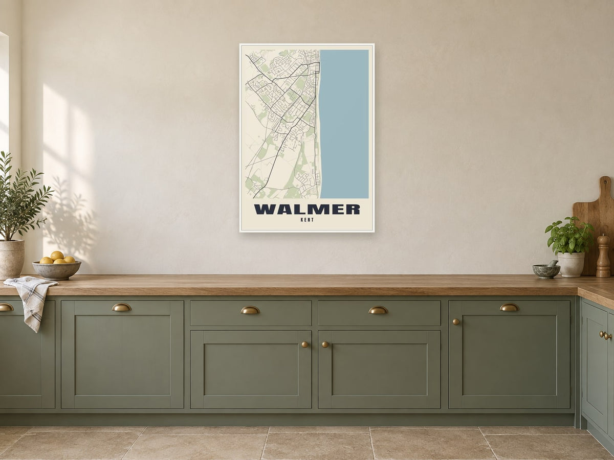 Walmer Street Map Poster at A1, in a white frame, in a kitchen