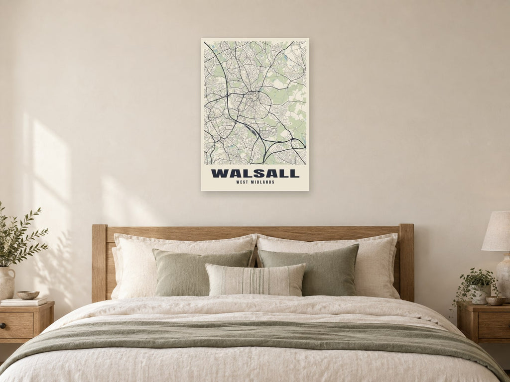 Walsall Street Map Poster at A1, as a poster, above a bed