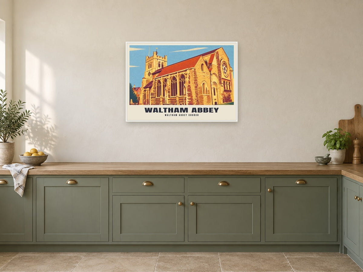 Waltham Abbey Church Poster at A1, in a white frame, in a kitchen