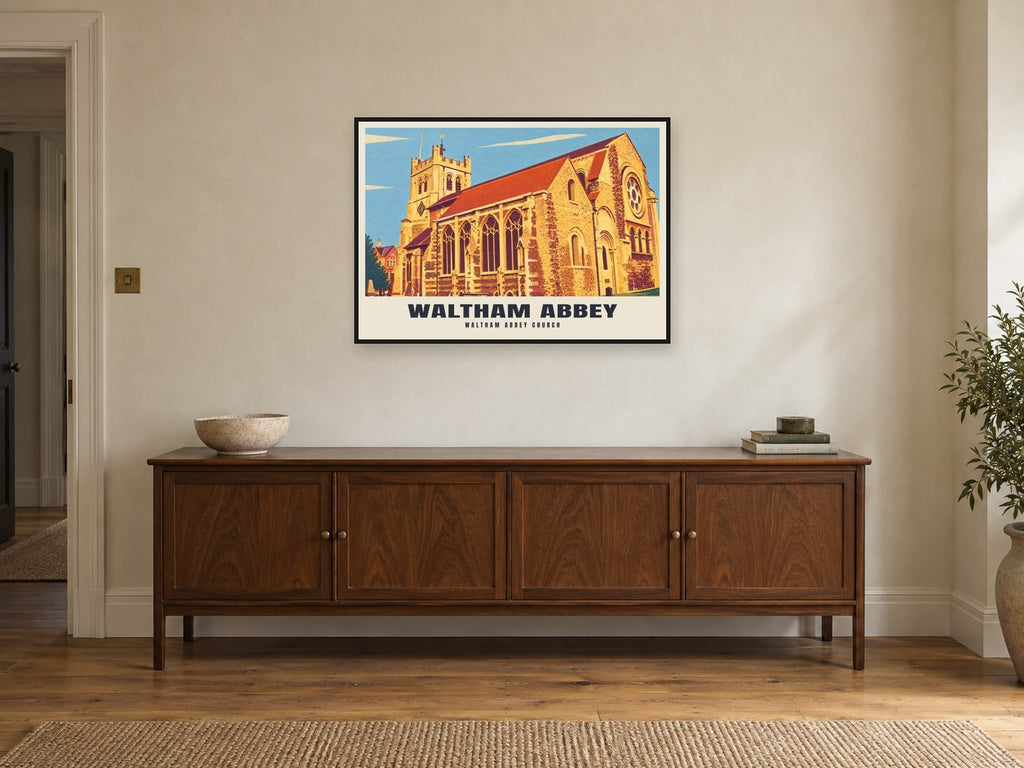 Waltham Abbey Church Poster at A1, in a black frame, above a sideboard