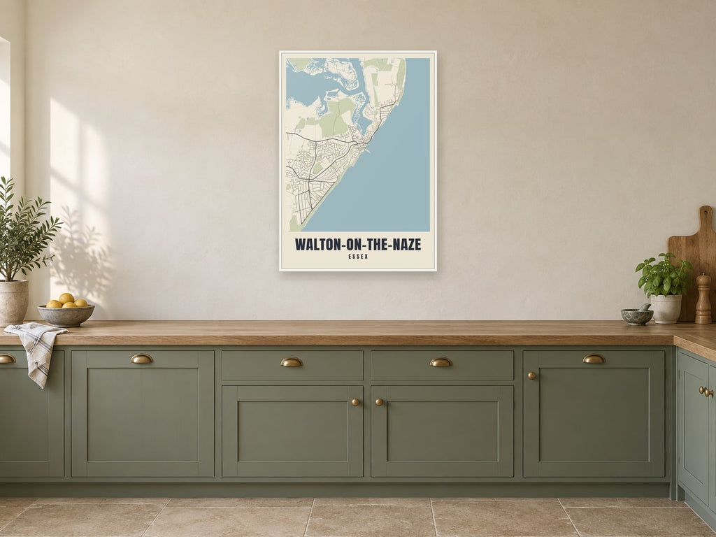 Walton-on-the-Naze Street Map Poster at A1, in a white frame, in a kitchen
