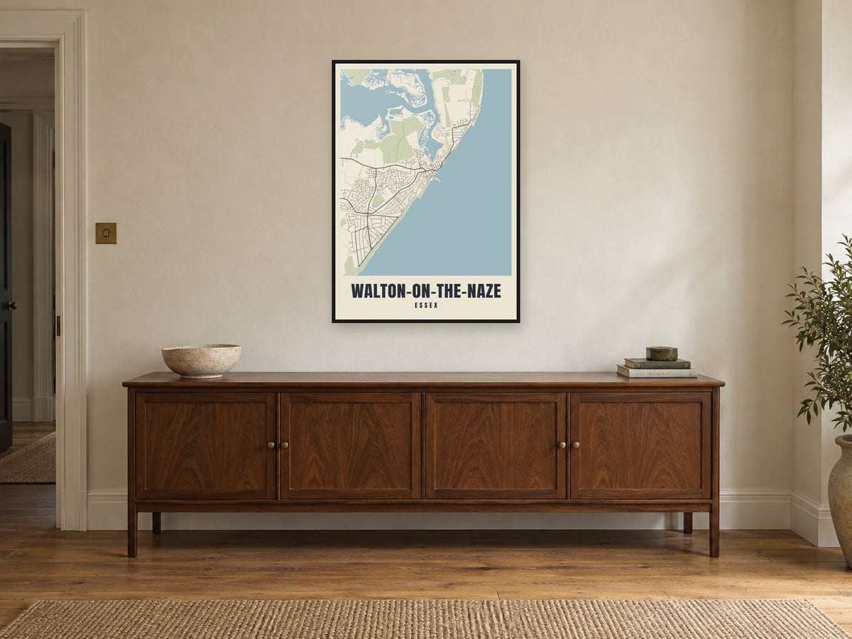 Walton-on-the-Naze Street Map Poster at A1, in a black frame, above a sideboard