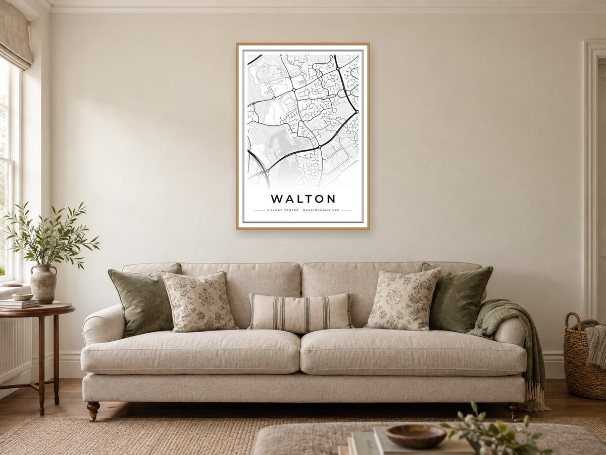 Walton Village Centre Street Map Poster at A1, in a natural wood frame, in a sitting room